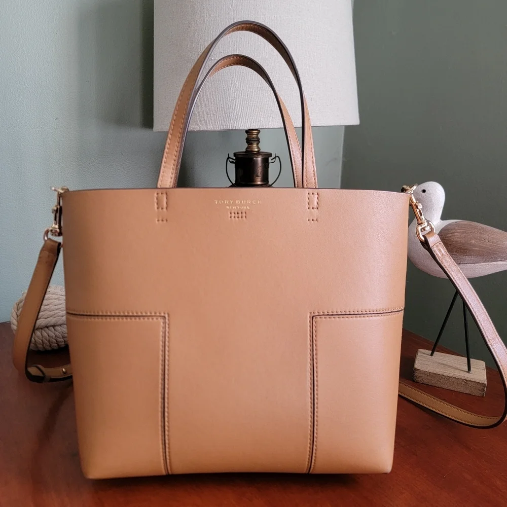 Tory Burch Block-T Small Tote Camel Leather Crossbody Bag